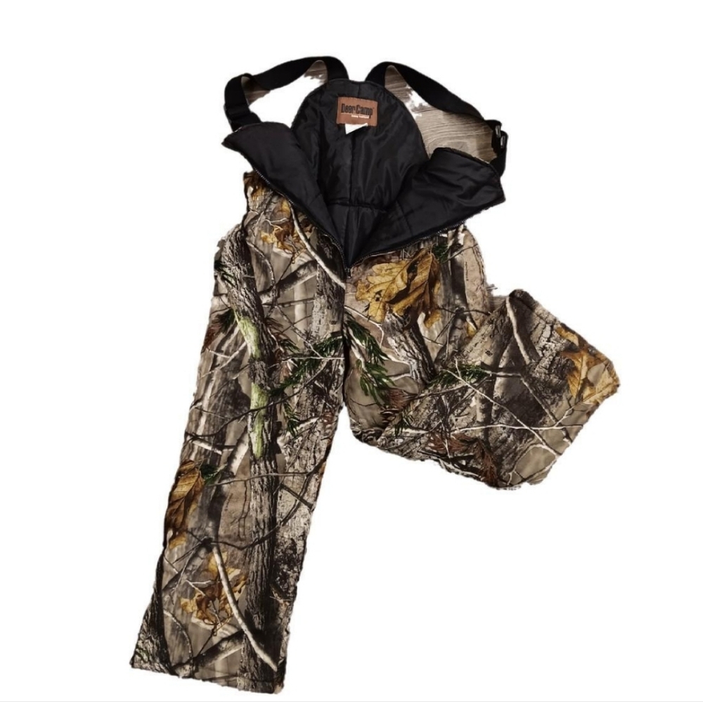 Deer Camp camouflage bib overalls. Youth Med.